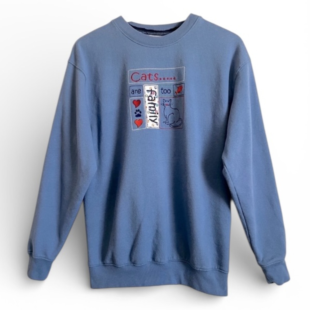 Vintage Cats Are Family Sweatshirt M&C Sportswear Pullover Embroidery Blue M